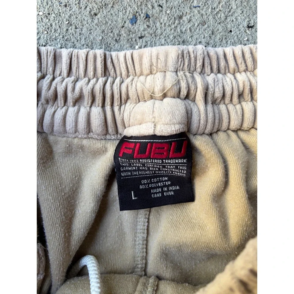 Vintage Baggy FUBU Tan Velour Track Pants Men Large Beige 90s Streetwear Joggers